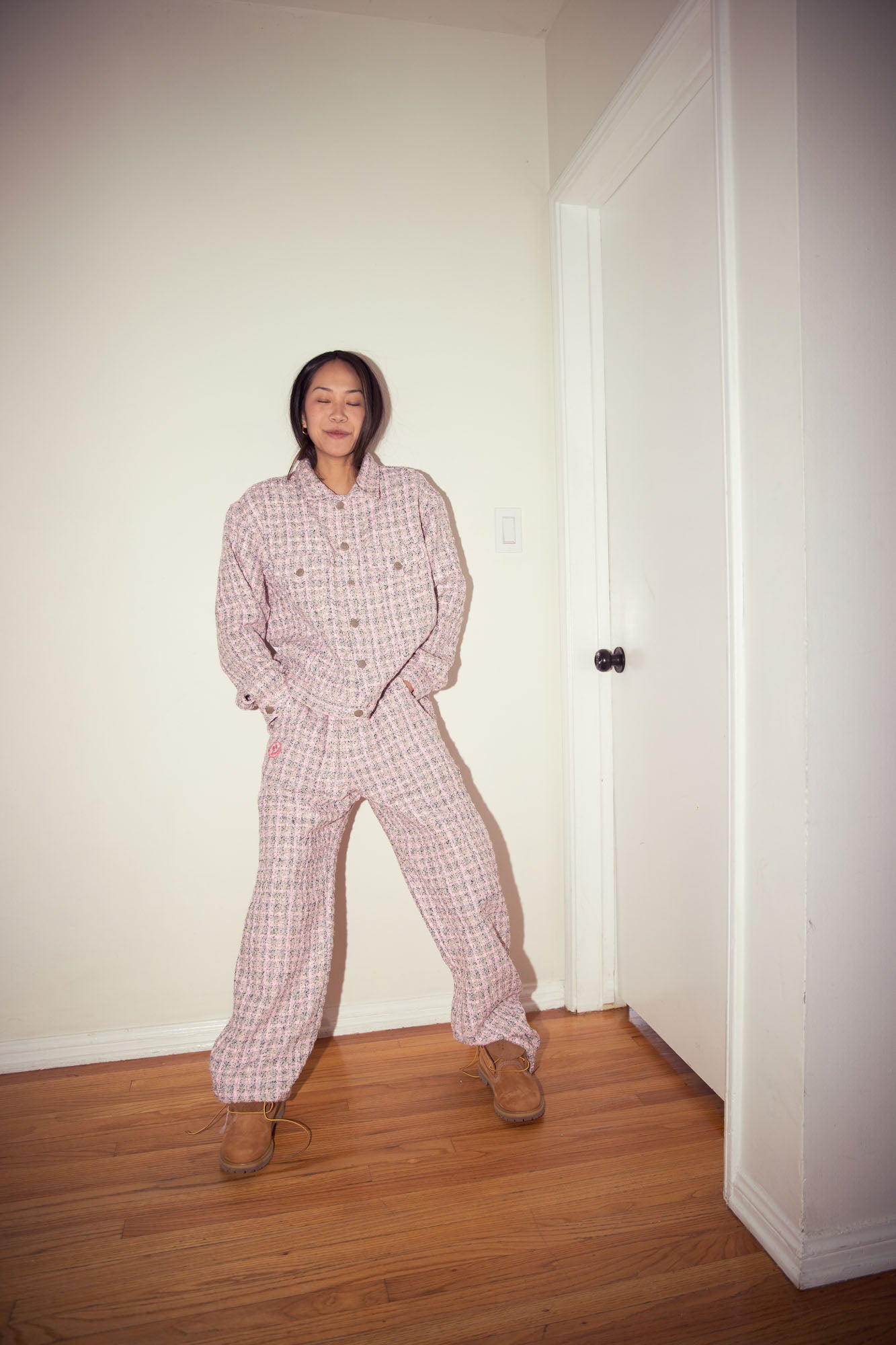 boucle mascot oversized trucker jacket - pink