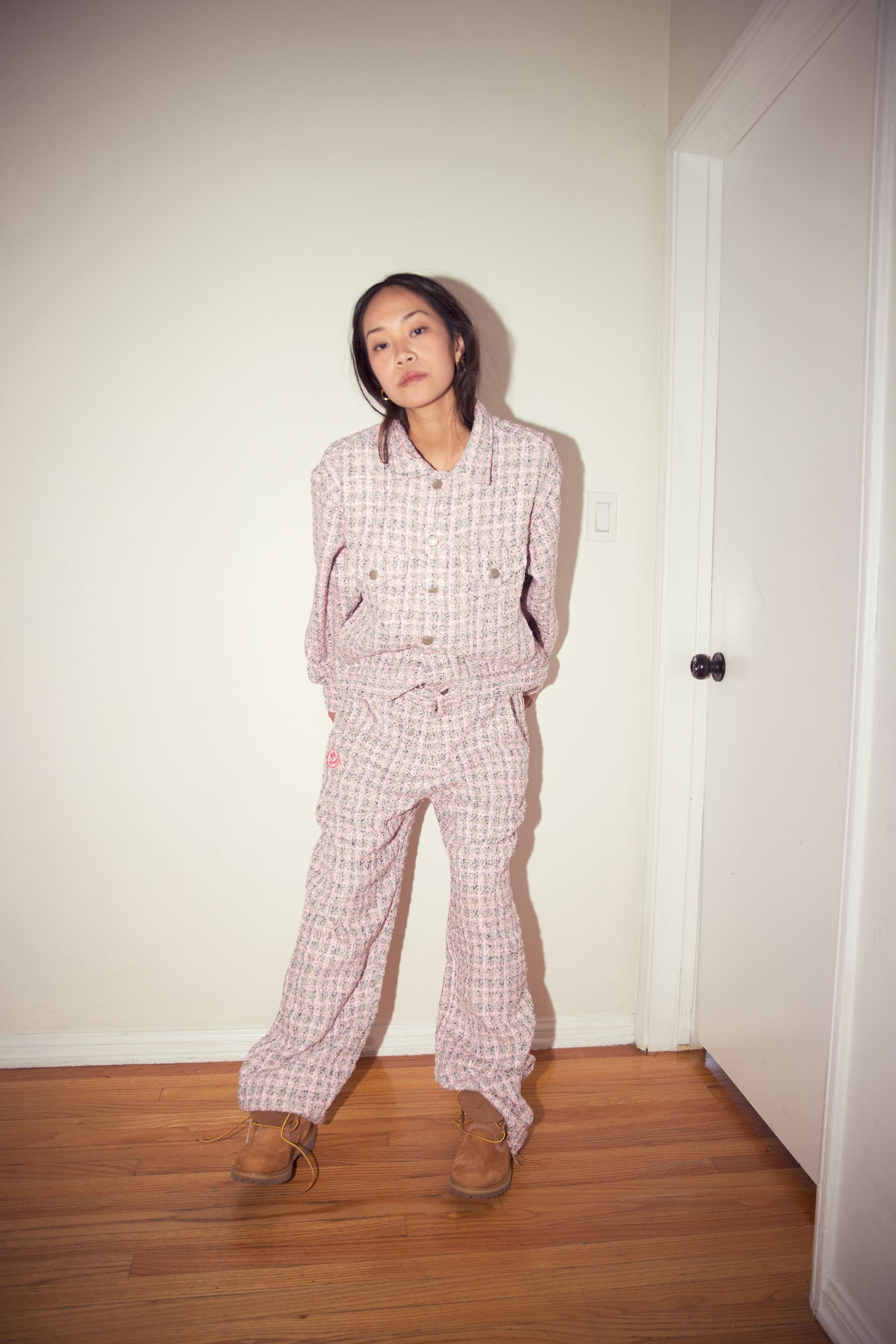 boucle mascot oversized trucker jacket - pink