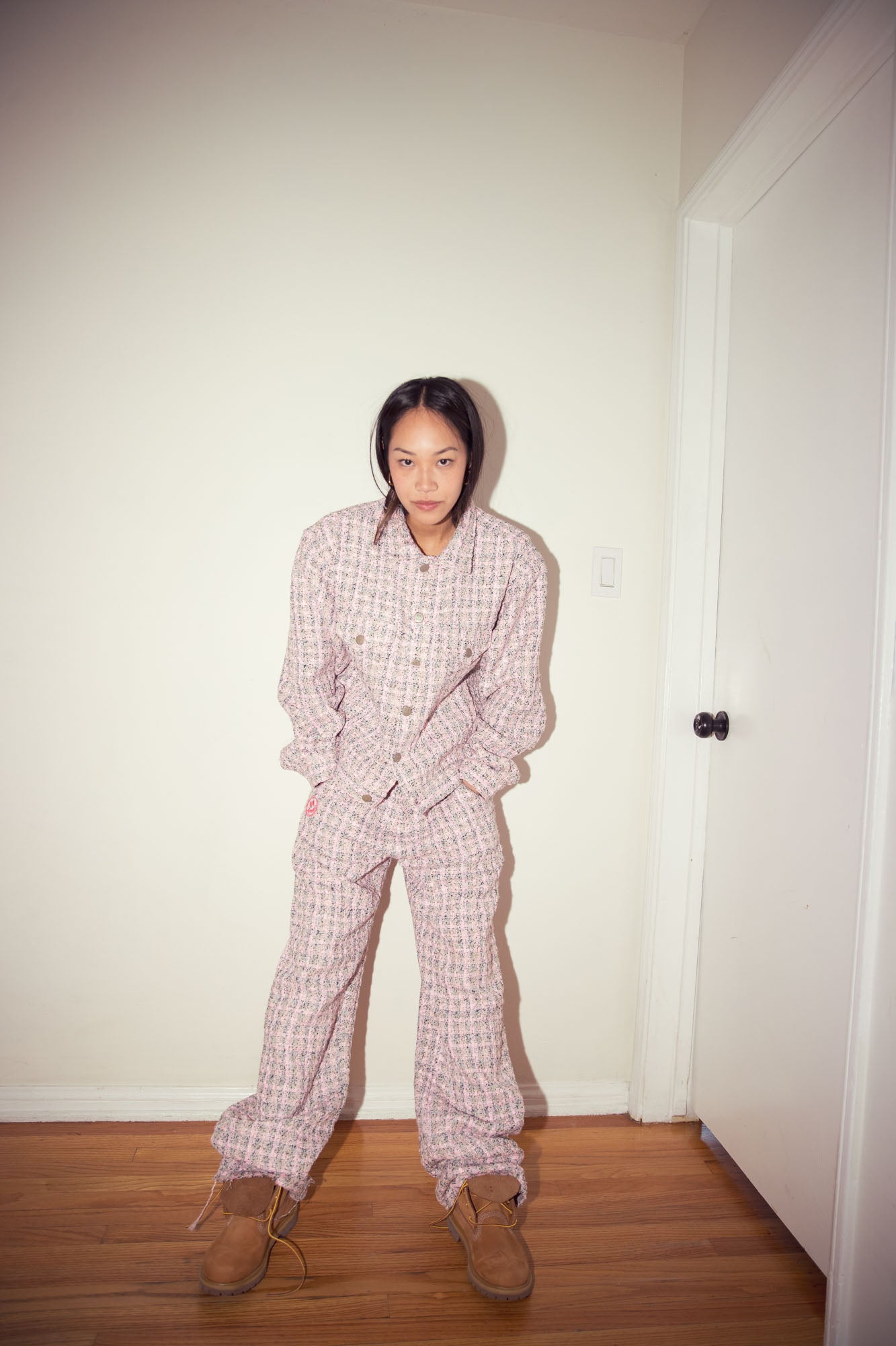 boucle mascot oversized trucker jacket - pink