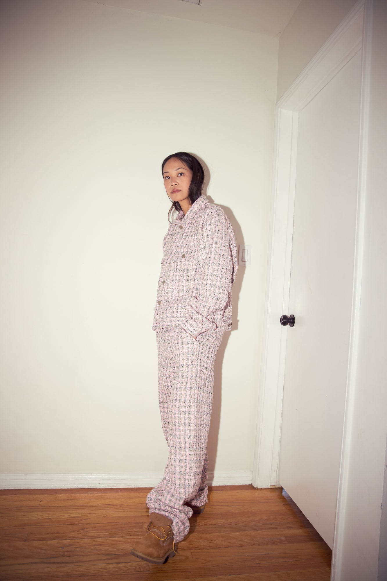 boucle mascot oversized trucker jacket - pink