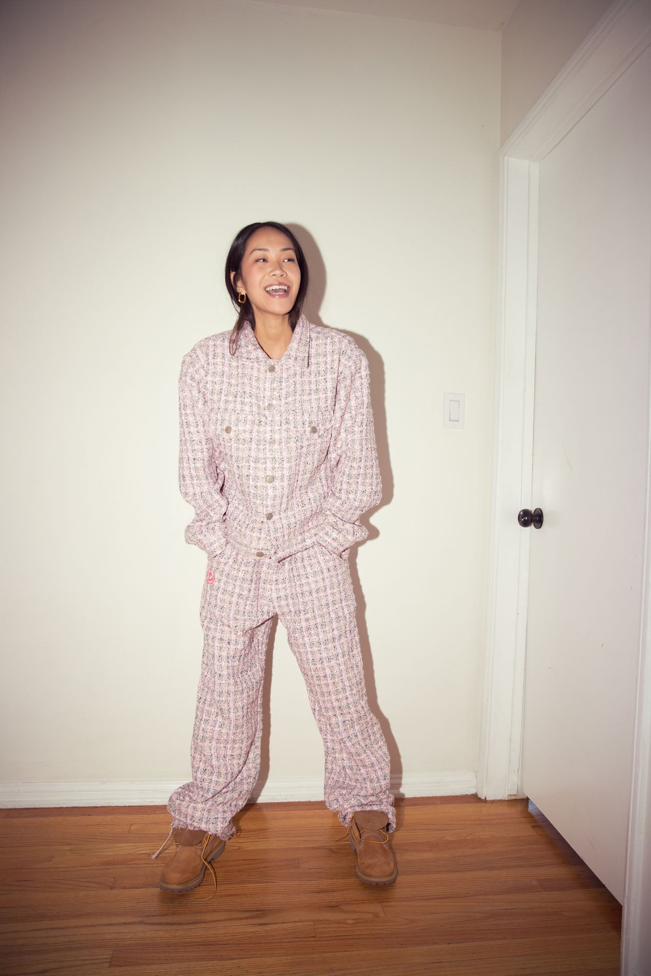 boucle mascot oversized trucker jacket - pink