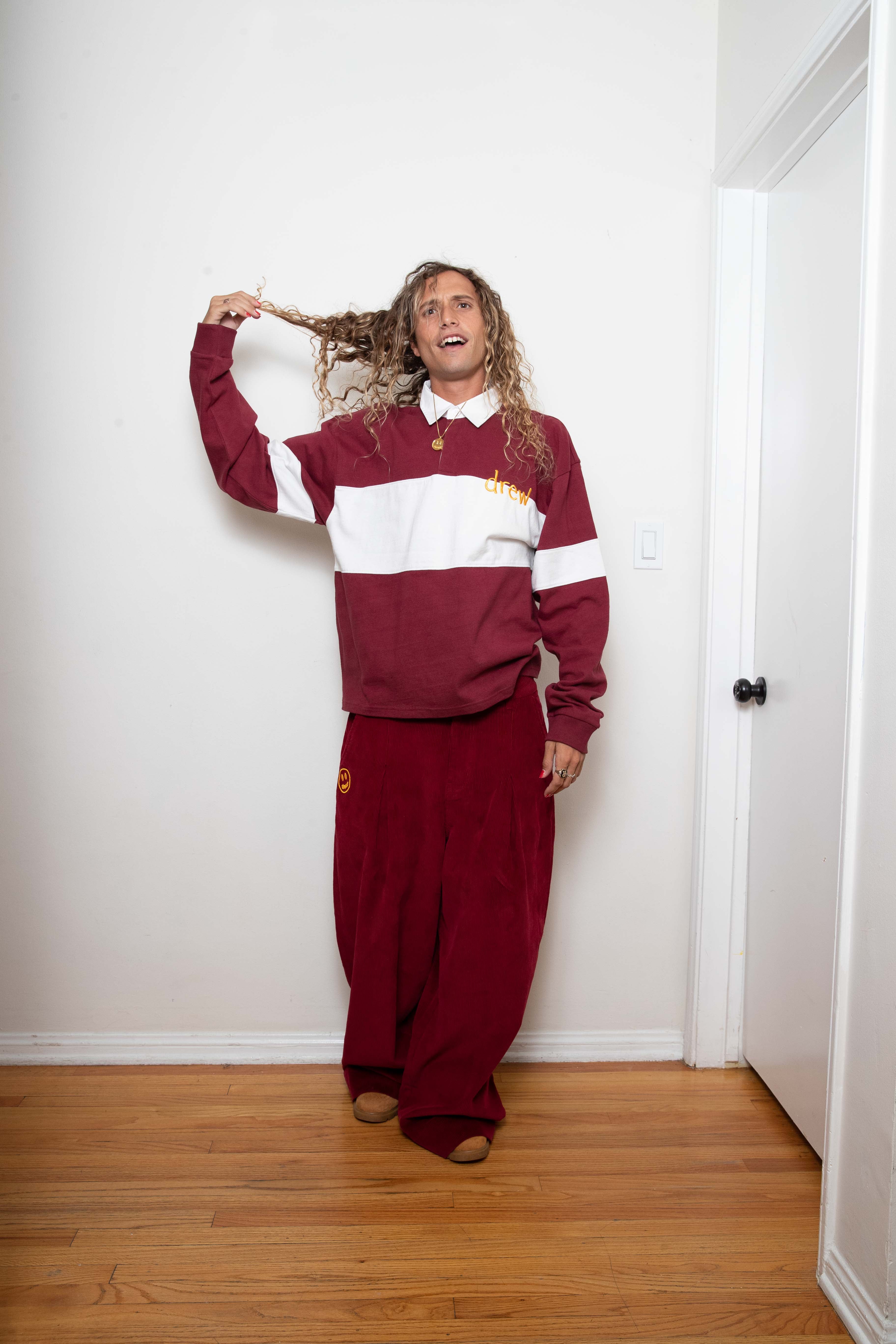 sketch mascot rugby shirt - burgundy/off white – drew house